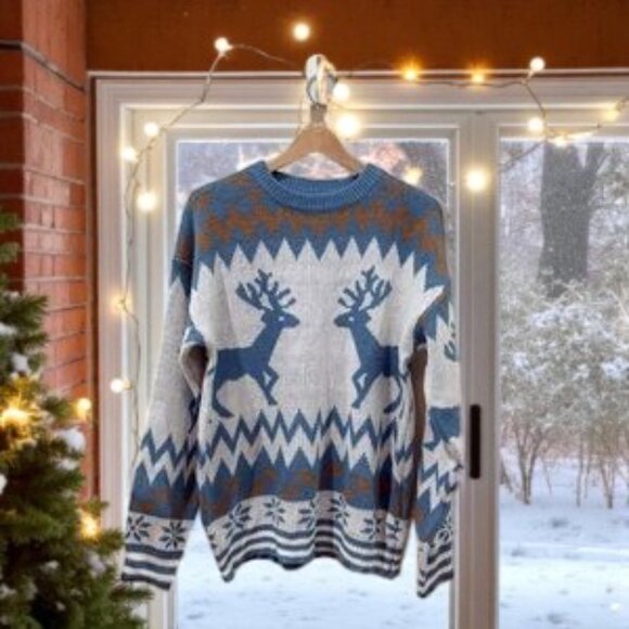 NWT J.ING Jing Unisex Blue Christmas Ugly Sweater Elk Pattern Oversize Jumper - Picture 4 of 5
